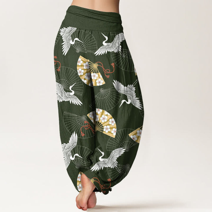 Buddha Stones Cotton Oriental Crane Fan Pattern Women's Elastic Waist Harem Pants - image 2