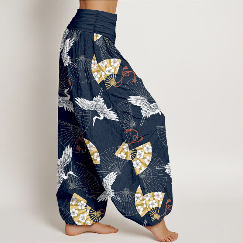 Buddha Stones Cotton Oriental Crane Fan Pattern Women's Elastic Waist Harem Pants - image 6