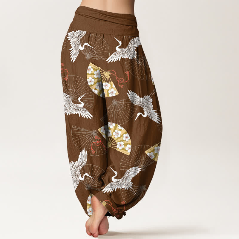 Buddha Stones Cotton Oriental Crane Fan Pattern Women's Elastic Waist Harem Pants - image 10