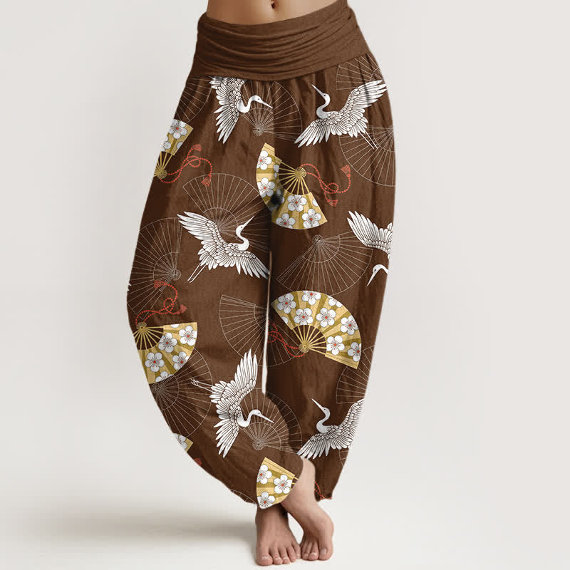 Buddha Stones Cotton Oriental Crane Fan Pattern Women's Elastic Waist Harem Pants - SaddleBrown - US16，UK/AU20，EU48 (3XL) - image 8