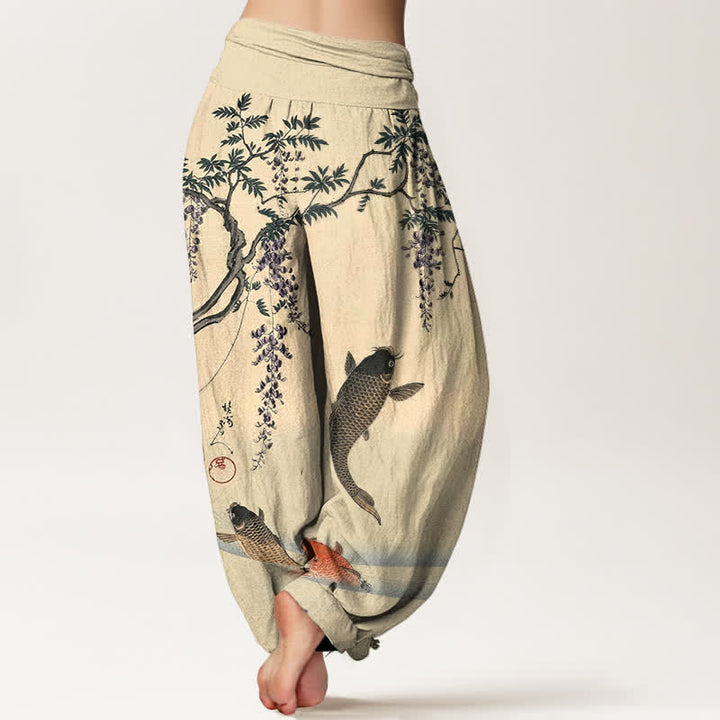 Buddha Stones Cotton Koi Wisteria Pattern Women's Elastic Waist Harem Pants - image 2