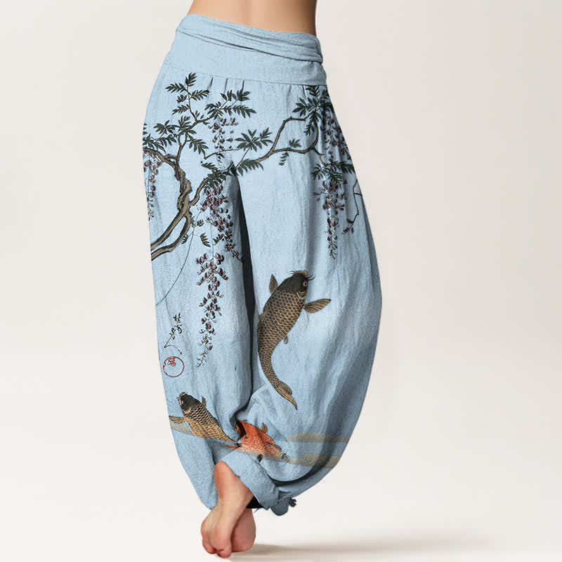 Buddha Stones Cotton Koi Wisteria Pattern Women's Elastic Waist Harem Pants - image 7