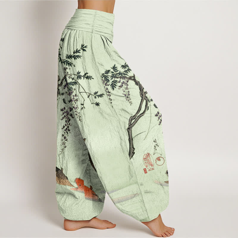 Buddha Stones Cotton Koi Wisteria Pattern Women's Elastic Waist Harem Pants - image 9