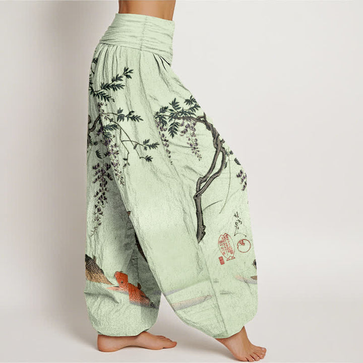 Buddha Stones Cotton Koi Wisteria Pattern Women's Elastic Waist Harem Pants - image 9