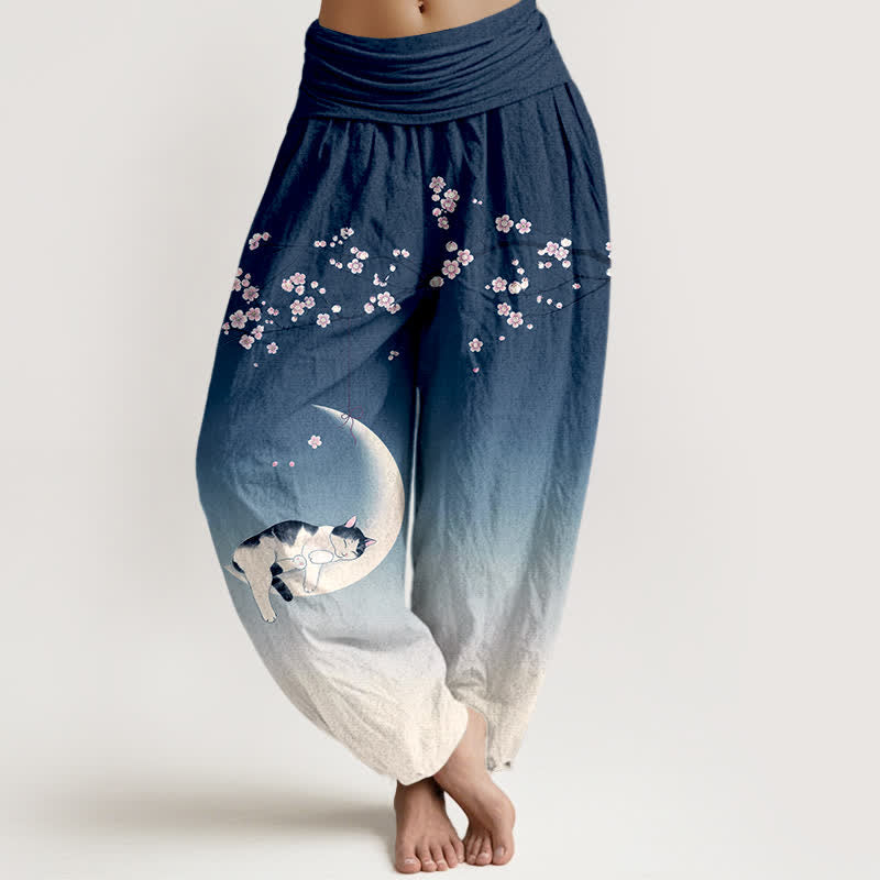 Buddha Stones Cotton Sakura Moon Cat Pattern Women's Elastic Waist Harem Pants - Navy - US16，UK/AU20，EU48 (3XL) - image 0