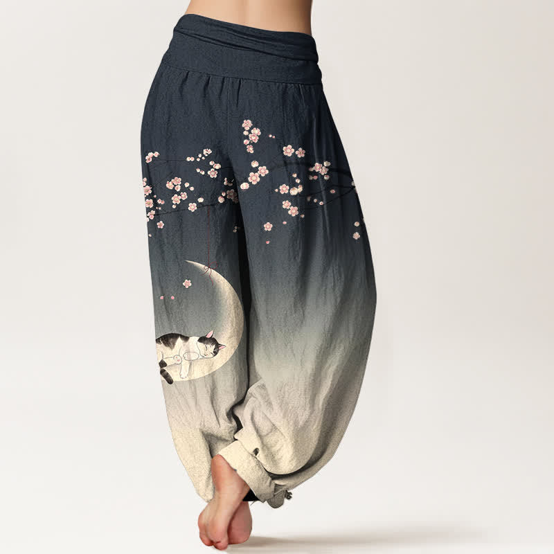 Buddha Stones Cotton Sakura Moon Cat Pattern Women's Elastic Waist Harem Pants - image 10
