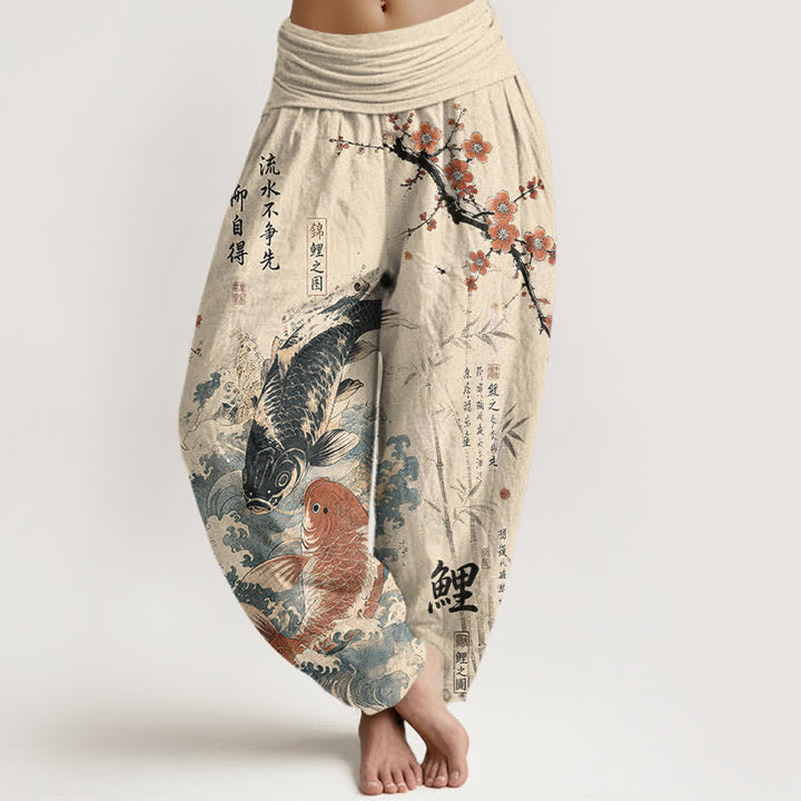 Buddha Stones Cotton Koi Fish Calligraphy Pattern Women's Elastic Waist Harem Pants - Beige - US16，UK/AU20，EU48 (3XL) - image 0