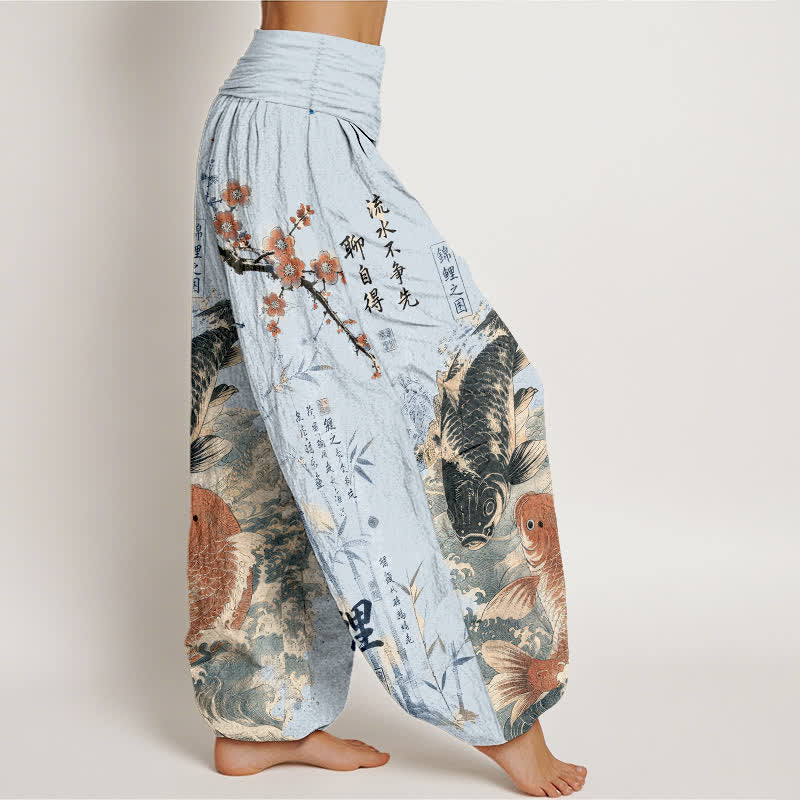 Buddha Stones Cotton Koi Fish Calligraphy Pattern Women's Elastic Waist Harem Pants - image 6