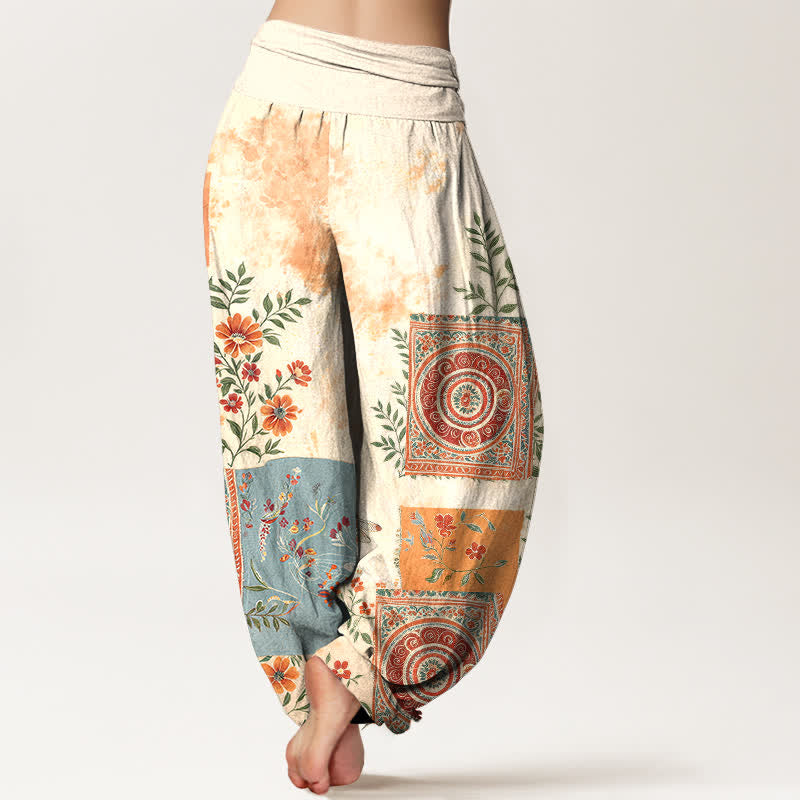 Buddha Stones Cotton Bohemian Floral Patchwork Pattern Women's Elastic Waist Harem Pants - image 2
