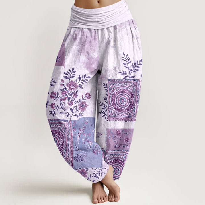 Buddha Stones Cotton Bohemian Floral Patchwork Pattern Women's Elastic Waist Harem Pants - Lavender - US16，UK/AU20，EU48 (3XL) - image 8