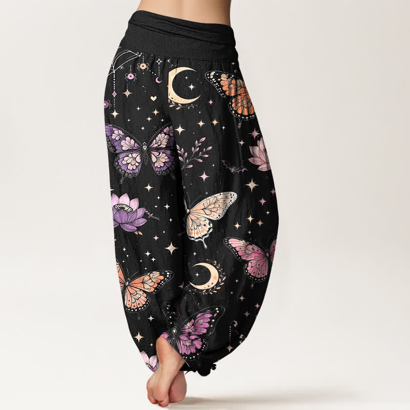 Buddha Stones Cotton Butterfly Moon Lotus Pattern Women's Elastic Waist Harem Pants - image 2