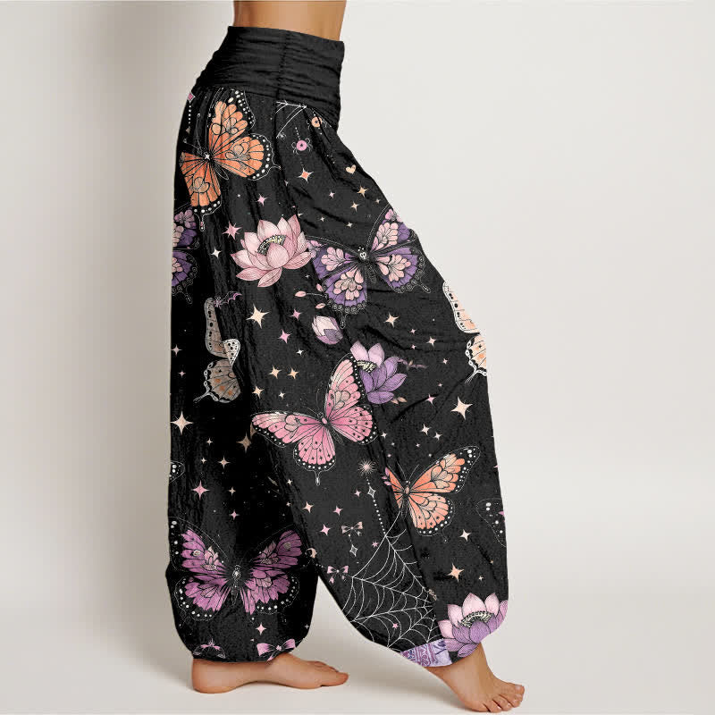 Buddha Stones Cotton Butterfly Moon Lotus Pattern Women's Elastic Waist Harem Pants - image 1