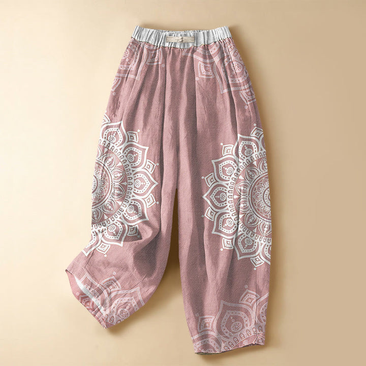Buddha Stones Pure Cotton Bohemian White Mandala Pattern Frog Button Women's Elastic Waist Harem Pants With Pockets - LightPink - US16，UK/AU20，EU48 (3XL) - image 5