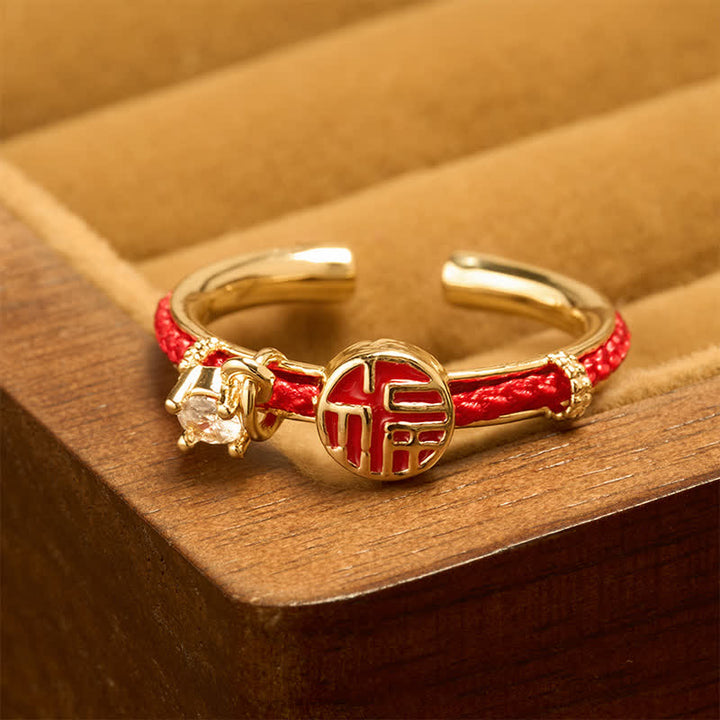 Buddha Stones Red String Round Fu Character Luck Open Ring - Gold Ring (US8) - image 0