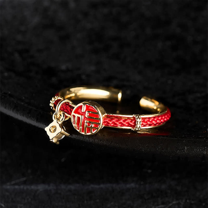 Buddha Stones Red String Round Fu Character Luck Open Ring - image 3