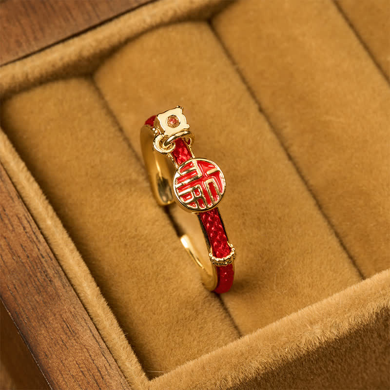 Buddha Stones Red String Round Fu Character Luck Open Ring - image 1