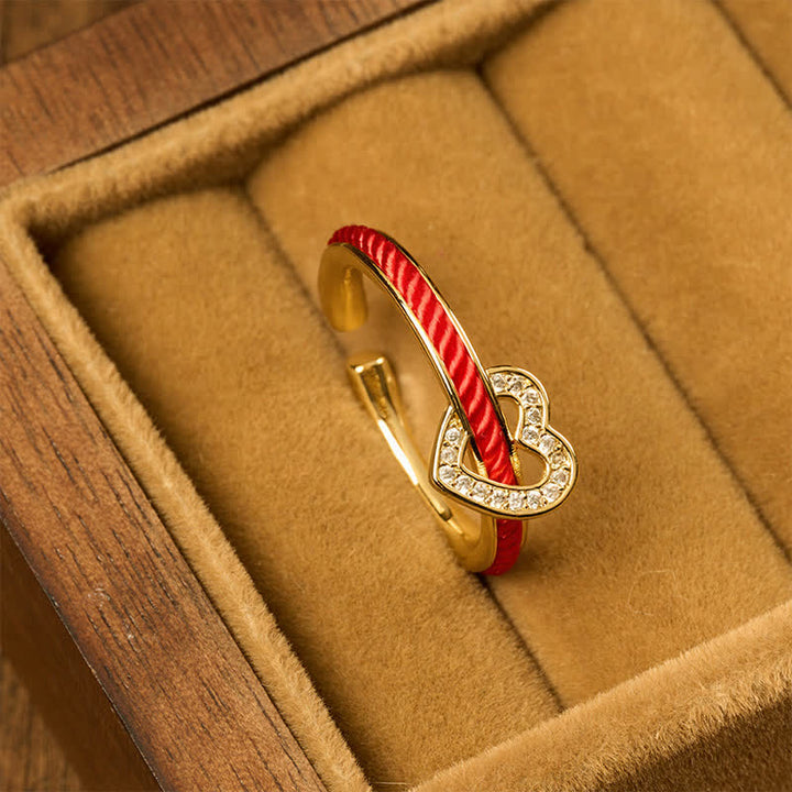 Buddha Stones Copper Red String Heart Luck Open Ring - image 1