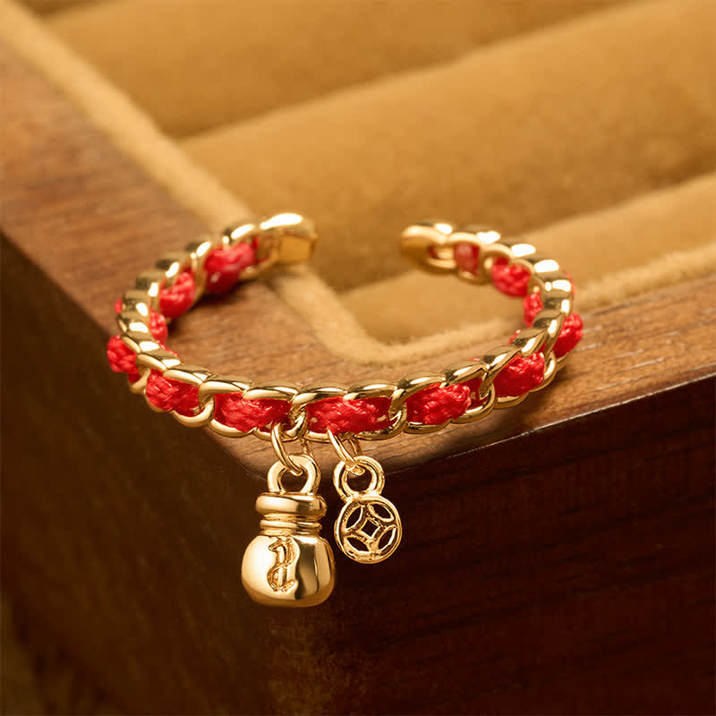 Buddha Stones Copper Red String Chinese Coin Good Fortune Fortune Pouch Open Ring - Chinese Coin Ring (US8) - image 0