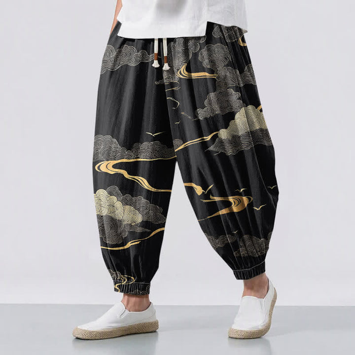 Buddha Stones Pure Cotton Golden Cloud Pattern Drawstring Men's Harem Pants With Pockets - Black - US/UK/AU50，EU60 (5XL) - image 0
