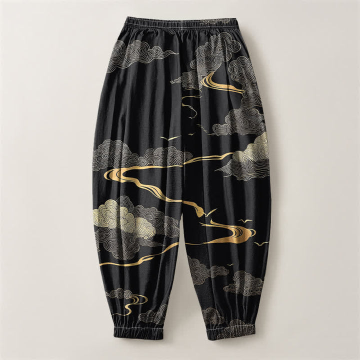 Buddha Stones Pure Cotton Golden Cloud Pattern Drawstring Men's Harem Pants With Pockets - image 2