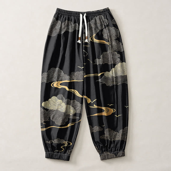 Buddha Stones Pure Cotton Golden Cloud Pattern Drawstring Men's Harem Pants With Pockets - image 1