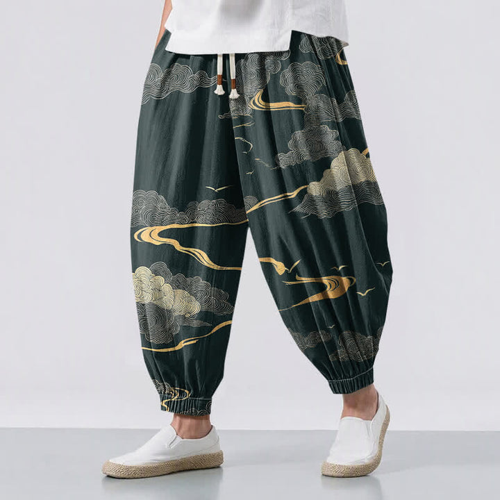 Buddha Stones Pure Cotton Golden Cloud Pattern Drawstring Men's Harem Pants With Pockets - DarkGreen - US/UK/AU50，EU60 (5XL) - image 6
