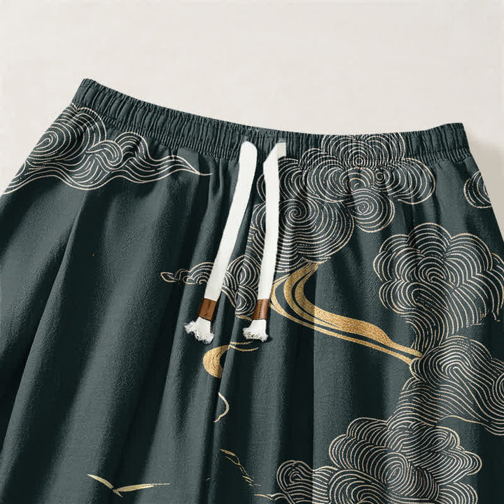 Buddha Stones Pure Cotton Golden Cloud Pattern Drawstring Men's Harem Pants With Pockets - image 9