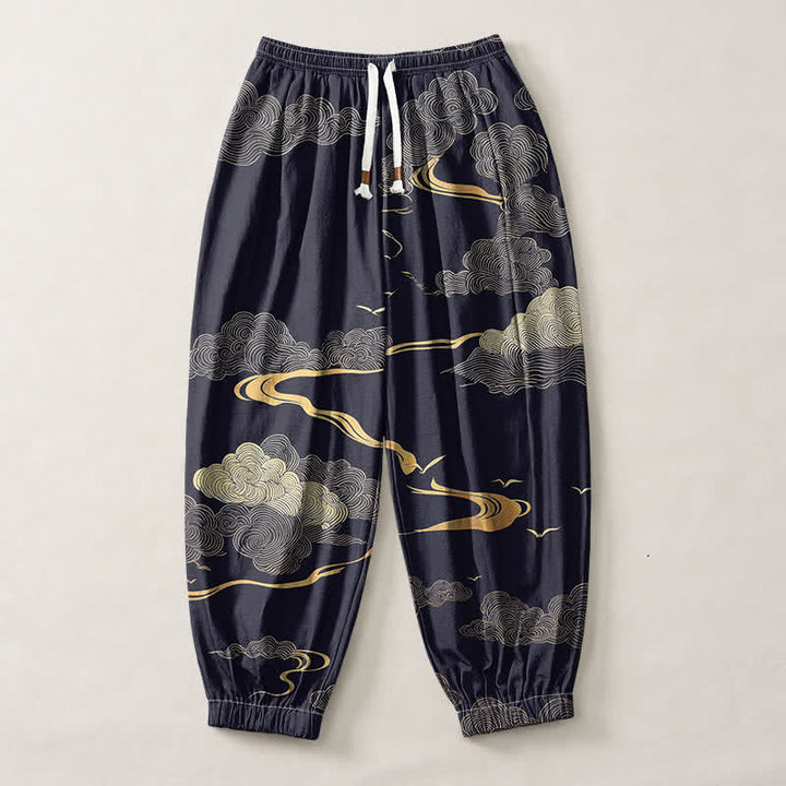Buddha Stones Pure Cotton Golden Cloud Pattern Drawstring Men's Harem Pants With Pockets - image 13