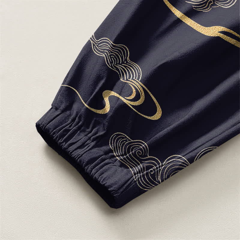 Buddha Stones Pure Cotton Golden Cloud Pattern Drawstring Men's Harem Pants With Pockets - image 16
