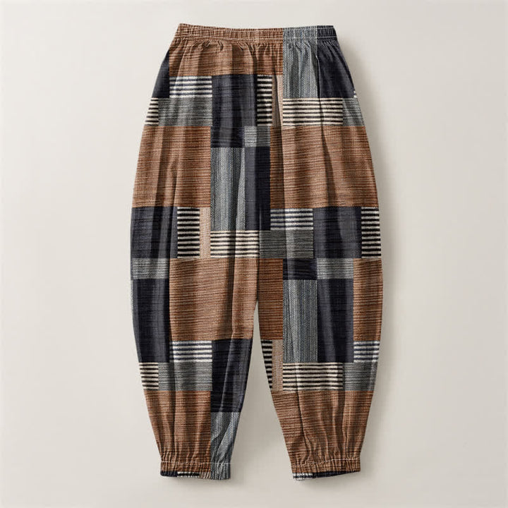 Buddha Stones Pure Cotton Patchwork Plaid Stripe Pattern Drawstring Men's Harem Pants With Pockets - image 2