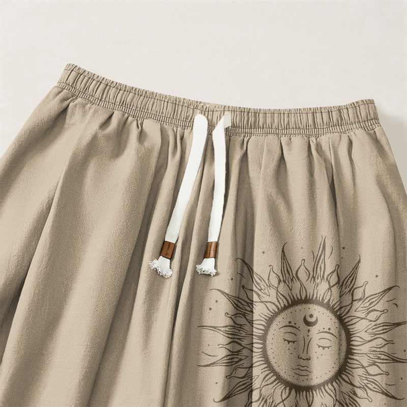 Buddha Stones Pure Cotton Sun Face Pattern Drawstring Men's Harem Pants With Pockets - image 3