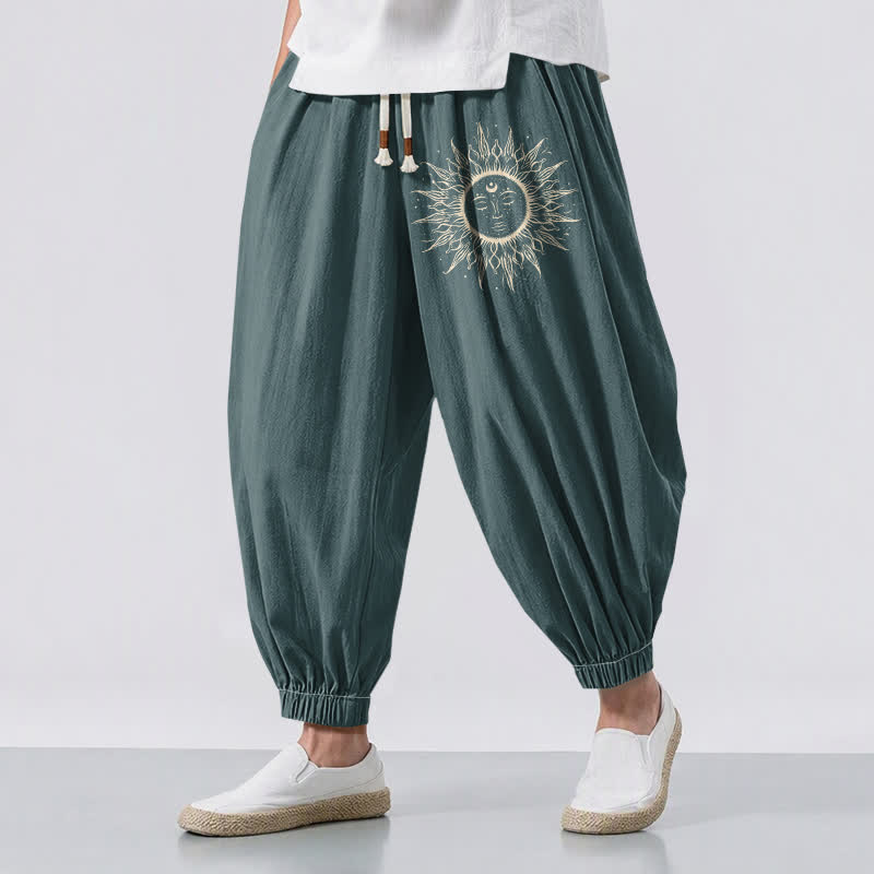 Buddha Stones Pure Cotton Sun Face Pattern Drawstring Men's Harem Pants With Pockets - Teal - US/UK/AU50，EU60 (5XL) - image 12