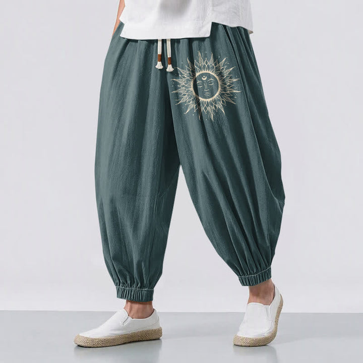 Buddha Stones Pure Cotton Sun Face Pattern Drawstring Men's Harem Pants With Pockets - Teal - US/UK/AU50，EU60 (5XL) - image 12