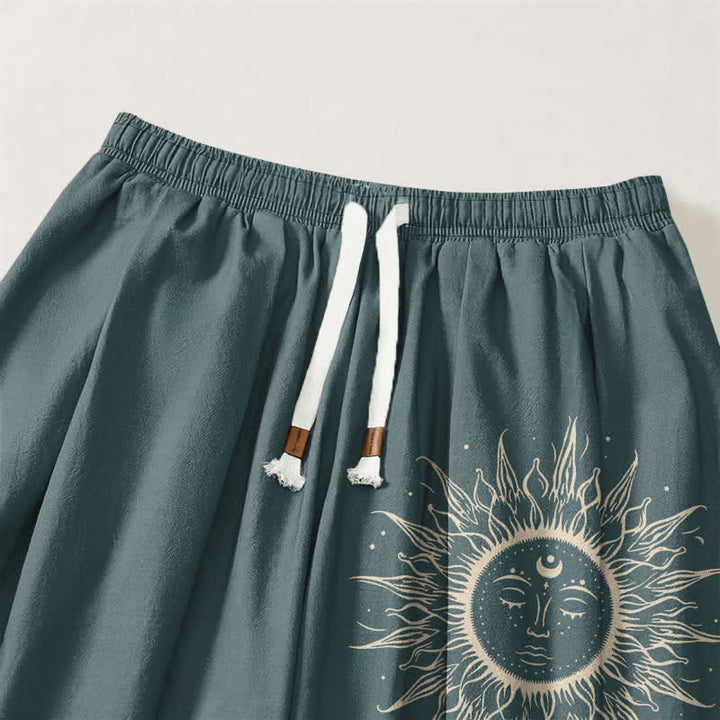 Buddha Stones Pure Cotton Sun Face Pattern Drawstring Men's Harem Pants With Pockets - image 15