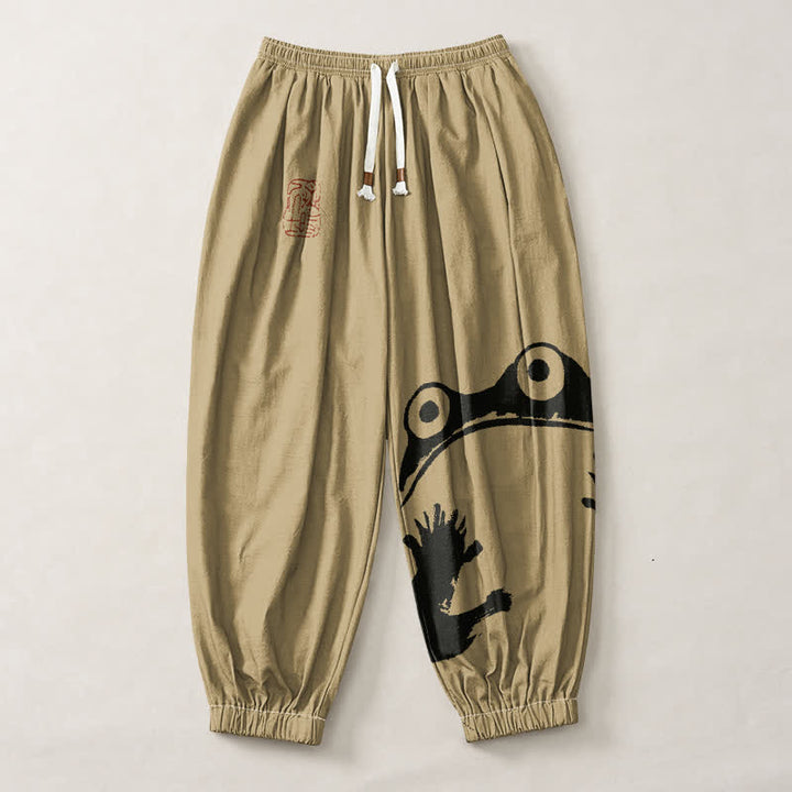 Buddha Stones Pure Cotton Playful Frog Pattern Drawstring Men's Harem Pants With Pockets - image 7