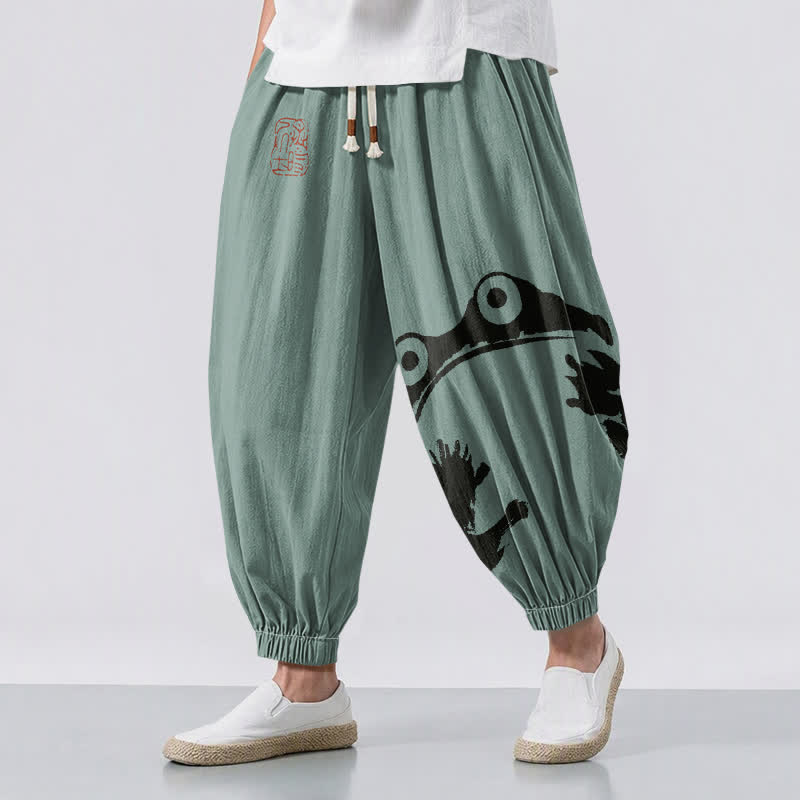 Buddha Stones Pure Cotton Playful Frog Pattern Drawstring Men's Harem Pants With Pockets - CadetBlue - US/UK/AU50，EU60 (5XL) - image 12