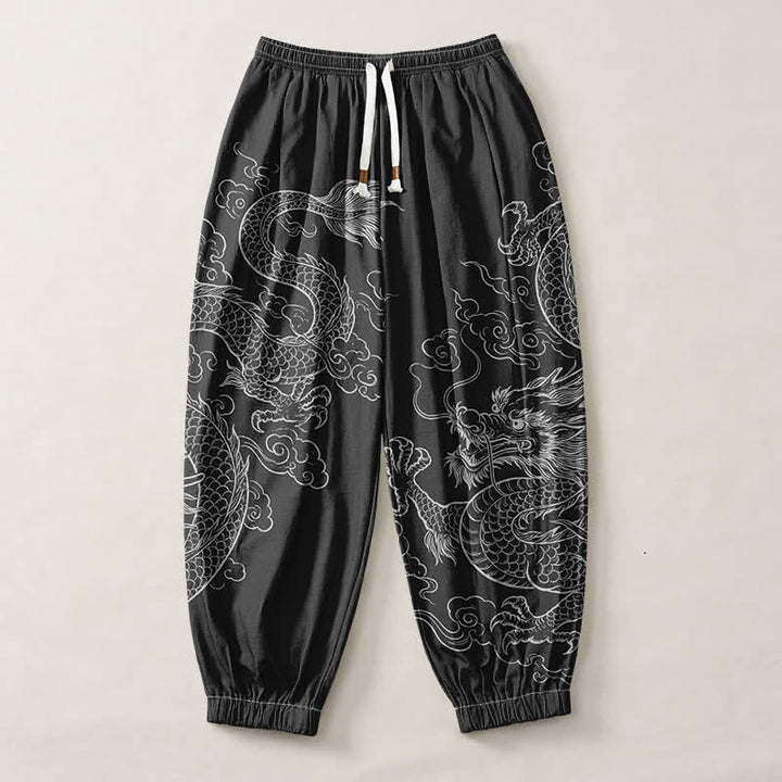 Buddha Stones Pure Cotton Dragon Cloud Pattern Drawstring Men's Harem Pants With Pockets - image 1