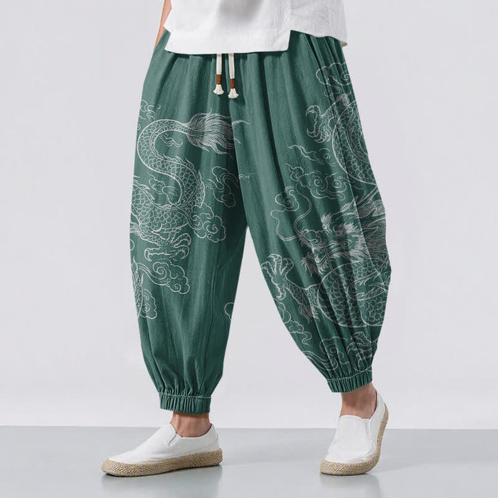 Buddha Stones Pure Cotton Dragon Cloud Pattern Drawstring Men's Harem Pants With Pockets - SeaGreen - US/UK/AU50，EU60 (5XL) - image 12