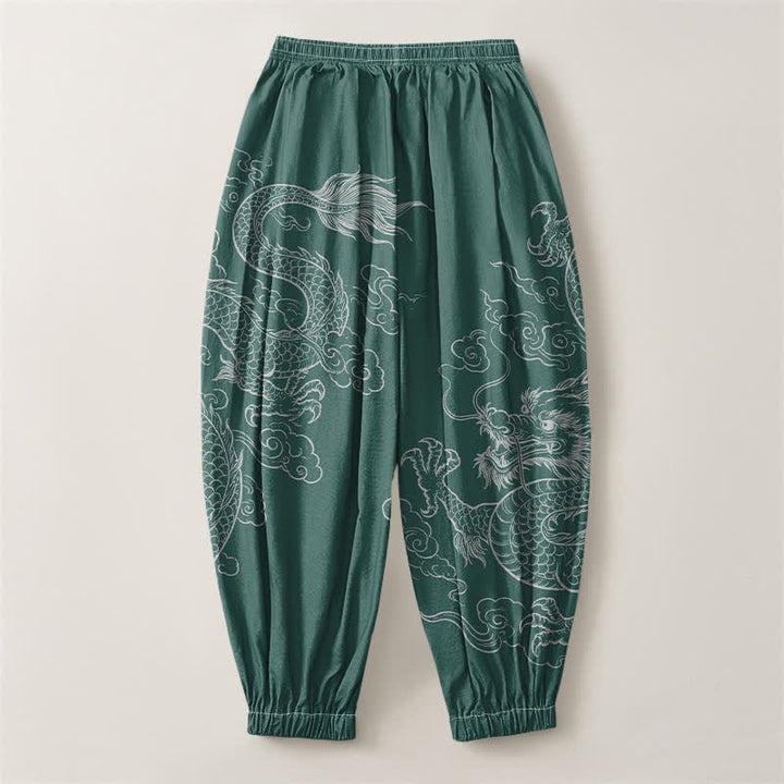 Buddha Stones Pure Cotton Dragon Cloud Pattern Drawstring Men's Harem Pants With Pockets - image 14