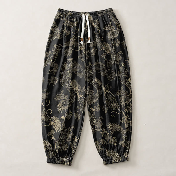 Buddha Stones Pure Cotton Mythic Dragon Auspicious Clouds Pattern Drawstring Men's Harem Pants With Pockets - image 1