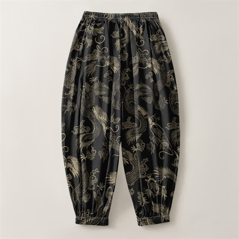 Buddha Stones Pure Cotton Mythic Dragon Auspicious Clouds Pattern Drawstring Men's Harem Pants With Pockets - image 2