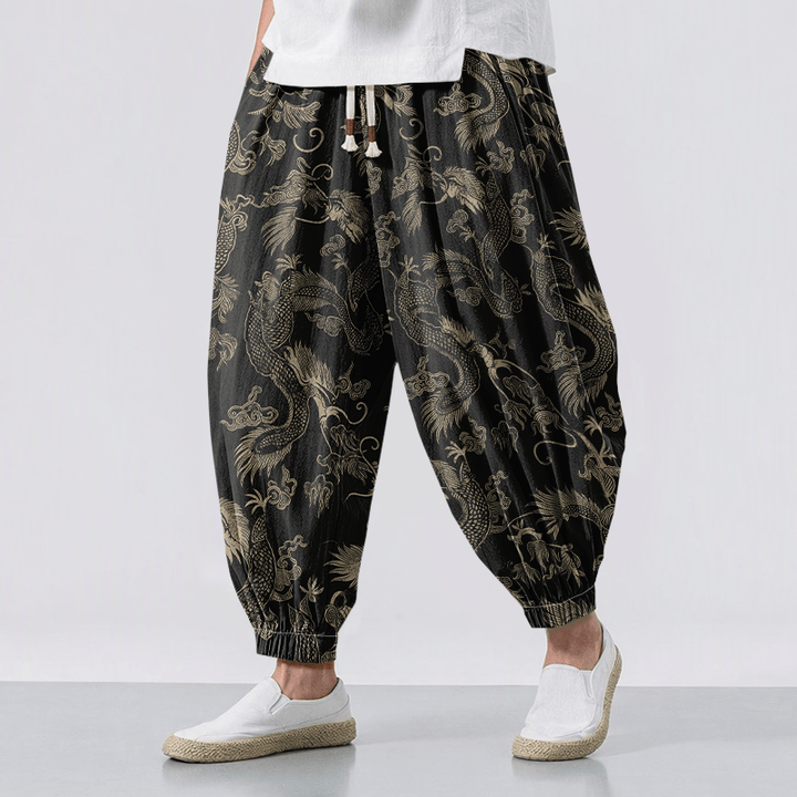 Buddha Stones Pure Cotton Mythic Dragon Auspicious Clouds Pattern Drawstring Men's Harem Pants With Pockets - Black - US/UK/AU50，EU60 (5XL) - image 0