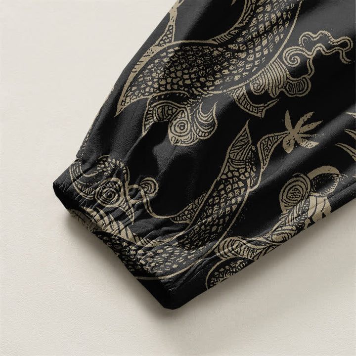 Buddha Stones Pure Cotton Mythic Dragon Auspicious Clouds Pattern Drawstring Men's Harem Pants With Pockets - image 4