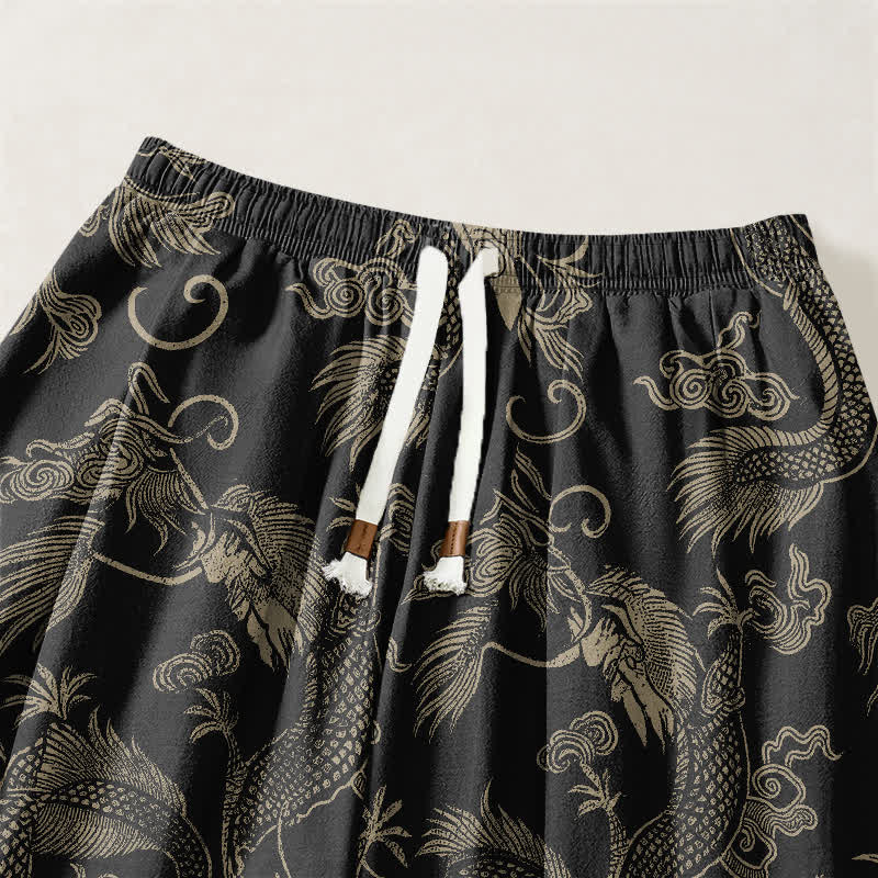 Buddha Stones Pure Cotton Mythic Dragon Auspicious Clouds Pattern Drawstring Men's Harem Pants With Pockets - image 3