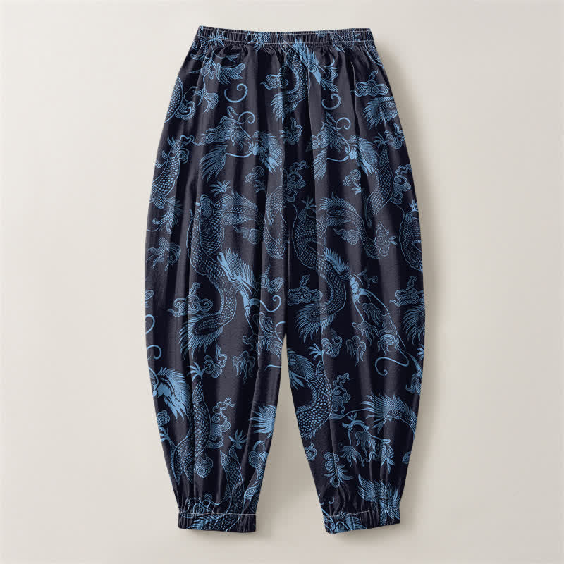 Buddha Stones Pure Cotton Mythic Dragon Auspicious Clouds Pattern Drawstring Men's Harem Pants With Pockets - image 8