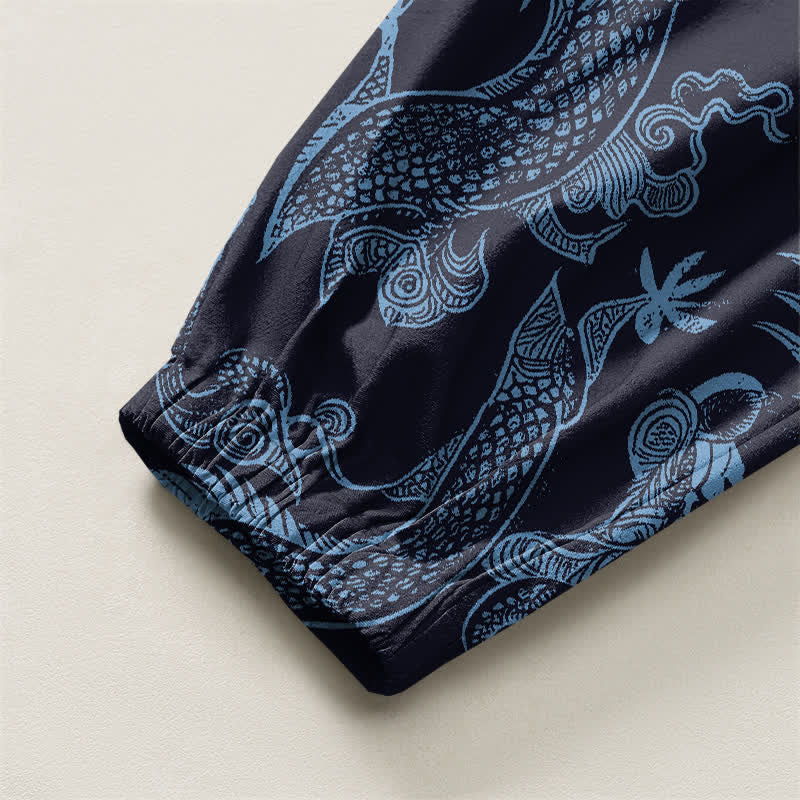 Buddha Stones Pure Cotton Mythic Dragon Auspicious Clouds Pattern Drawstring Men's Harem Pants With Pockets - image 10