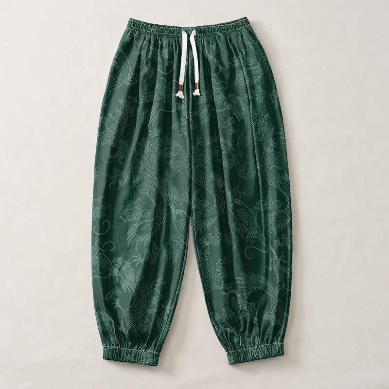 Buddha Stones Pure Cotton Mythic Dragon Auspicious Clouds Pattern Drawstring Men's Harem Pants With Pockets - image 13