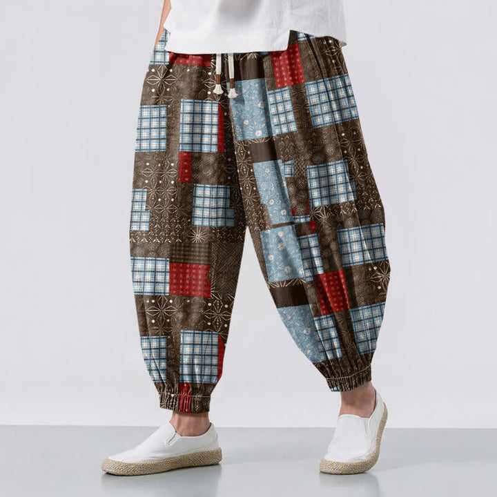 Buddha Stones Pure Cotton Vintage Patchwork Plaid Pattern Drawstring Men's Harem Pants With Pockets - SaddleBrown - US/UK/AU50，EU60 (5XL) - image 0