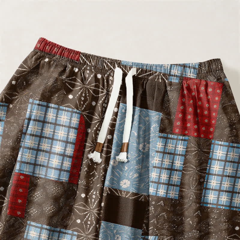 Buddha Stones Pure Cotton Vintage Patchwork Plaid Pattern Drawstring Men's Harem Pants With Pockets - image 3