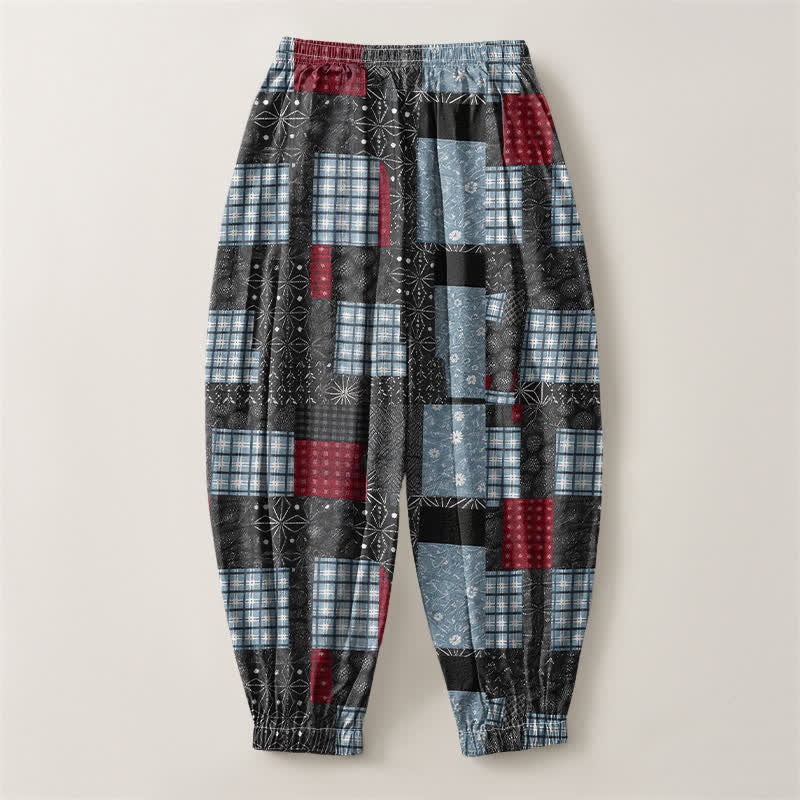 Buddha Stones Pure Cotton Vintage Patchwork Plaid Pattern Drawstring Men's Harem Pants With Pockets - image 8